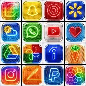 Puede incluir: Una colección de dieciséis iconos de aplicaciones de ganchillo, cada uno con un diseño y esquema de color únicos. Los iconos incluyen logotipos de redes sociales y empresas, como Instagram, YouTube y PayPal, todos con una apariencia texturizada y hecha a mano.