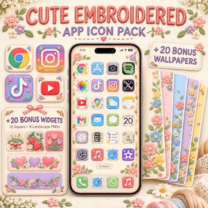 May include: A digital app icon pack featuring embroidered floral designs. The set includes a smartphone display with customized app icons, 20 bonus widgets, and 20 bonus wallpapers. The text reads CUTE EMBROIDERED APP ICON PACK, + 20 BONUS WALLPAPERS, and + 20 BONUS WIDGETS.