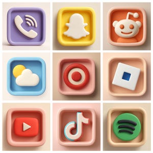 May include: Nine colorful 3D rendered app icons, including a phone, Snapchat ghost, Reddit alien, sun and cloud, Target bullseye, a white square with a blue square, YouTube play button, TikTok music note, and Spotify logo.