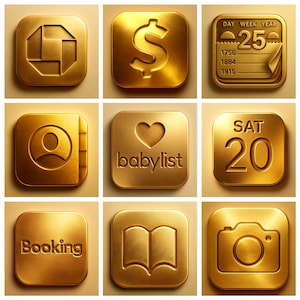 Op de afbeelding: Negen goudkleurige vierkante pictogrammen met reliëfontwerpen. De pictogrammen bevatten een camera, een dollarteken, een kalender, een contactboek, een hart met het woord "babylist", een datum, een boek en het woord "Booking".