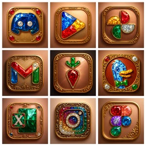 May include: Nine ornate, square-shaped icons with gold frames and jewel-like designs. The icons feature app logos like Discord, Google Play, Gmail, and Instagram, each rendered with colorful gems and intricate details. The overall aesthetic is luxurious and decorative.