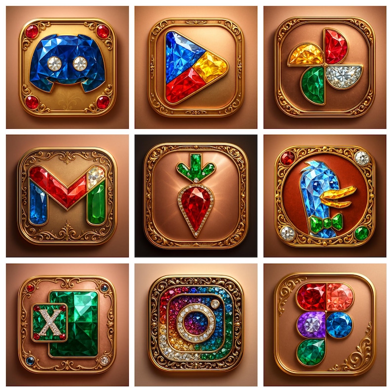 May include: Nine ornate, square-shaped icons with gold frames and jewel-like designs. The icons feature app logos like Discord, Google Play, Gmail, and Instagram, each rendered with colorful gems and intricate details. The overall aesthetic is luxurious and decorative.