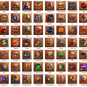 May include: A collection of intricately designed wooden squares, each featuring a different app icon. The icons are colorful and detailed, with a rustic, antique aesthetic. Apps include Etsy, Facebook, and Google Calendar.