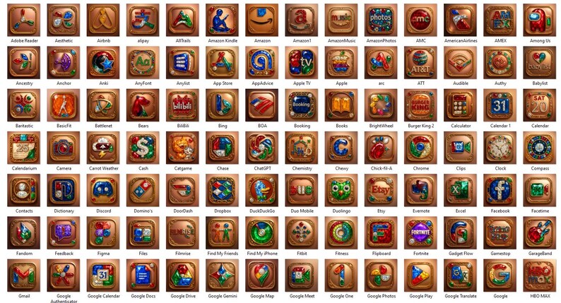 May include: A collection of intricately designed wooden squares, each featuring a different app icon. The icons are colorful and detailed, with a rustic, antique aesthetic. Apps include Etsy, Facebook, and Google Calendar.