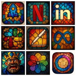 Może przedstawiać: Kolekcja dziewięciu witraży, z których każdy przedstawia inną ikonę lub symbol. Projekty charakteryzują się żywymi kolorami i skomplikowanymi wzorami, w tym rakietą, logo Netflix i piórem.