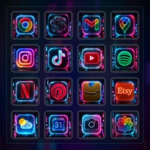 Könnte beinhalten: Ein Raster von sechzehn App-Symbolen im Neon-Stil, darunter Google, ChatGPT, Gmail, Maps, Instagram, TikTok, YouTube, Spotify, Netflix, Pinterest, Amazon, Etsy, Wetter, Kalender, Kamera und ein farbenfrohes Blumensymbol.
