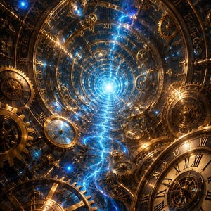 May include: A complex mechanical tunnel composed of numerous golden clock faces and intricate brass gears arranged in a circular perspective, featuring a central glowing blue light and streaks of electric blue energy flowing through the center.
