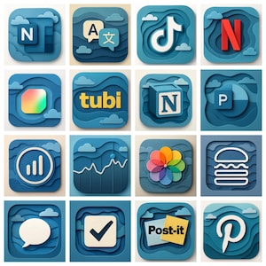 Könnte beinhalten: Eine Sammlung von sechzehn blauen App-Symbolen im Papier-Schnitt-Stil. Die Symbole umfassen das Netflix-Logo, ein TikTok-Logo, ein Pinterest-Logo und einen Post-it. Weitere Symbole zeigen eine Sprechblase, ein Häkchen und einen Hamburger.
