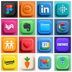 Può includere: Una griglia di sedici icone di app colorate, ciascuna con un effetto 3D. Le icone rappresentano varie piattaforme di social media, produttività e giochi, tra cui Figma, LinkedIn, Lyft e Fortnite. La tavolozza dei colori è vibrante, con ogni icona su uno sfondo diverso.