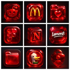 以下が含まれることがあります： さまざまなデザインの9つの赤い宝石のようなアイコン。アイコンには、Redditのエイリアン、マクドナルドのロゴ、ハートのフォルダー、文字「F」、文字「N」、Lemon8のロゴ、フォルダー、蝶ネクタイをしたアヒル、人と南京錠が含まれています。
