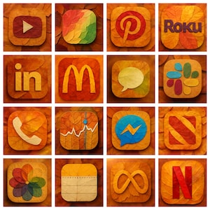 May include: A collage of app icons, including YouTube, Pinterest, and Netflix, each set against a background of autumn leaves. The icons are rendered in a textured, artistic style, with warm, earthy tones dominating the color palette.