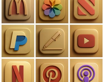 Op de afbeelding: Negen 3D-gerenderde app-pictogrammen op een vierkante, bruinachtige achtergrond. De pictogrammen omvatten de McDonald's-bogen, een kleurrijke bloem, een nieuwslogo, het PayPal-logo, een pen, een YouTube-afspeelknop, het Netflix-logo, het Pinterest-logo en een podcast-pictogram.