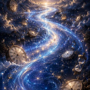 May include: A surreal digital artwork depicting a cosmic river of light flowing through a dark, starry sky filled with floating antique pocket watches and hourglasses. Planets and galaxies are visible in the background among clouds and starlight.