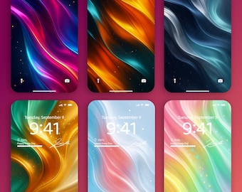 May include: Six smartphone screens displaying colorful abstract wallpapers. Each screen shows the time as 9:41 on Tuesday, September 9, with the text "Happy Every Day" and a signature. The wallpapers feature flowing designs in various colors.