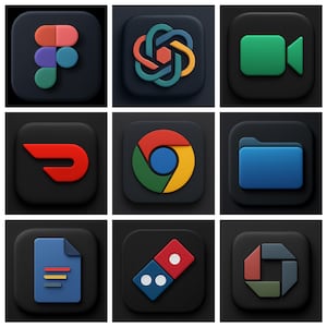 Op de afbeelding: Negen vierkante, zwarte pictogrammen met 3D-gerenderde app-logo's. De pictogrammen bevatten Figma, een veelkleurige knoop, een groene videocamera, een rood-witte vleugel, een kleurrijk Chrome-logo, een blauwe map, een blauw document, dominostenen en een veelkleurige vorm.