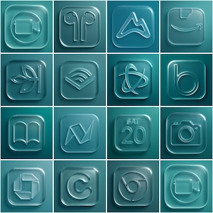 May include: A selection of teal-coloured, square-shaped icons with rounded corners. The icons represent various apps, including a video call, earbuds, a mountain, and a shopping cart. Other icons include a plant, a book, and a camera.