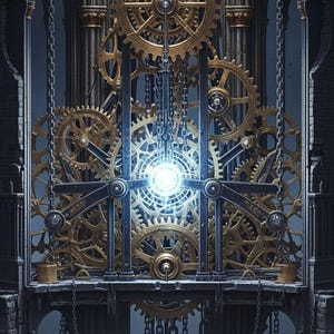 Puede incluir: Un complejo mecanismo de reloj con numerosos engranajes de latón y cadenas entrelazadas dentro de un marco arquitectónico de piedra oscura. Una fuente de luz brillante se encuentra en el centro del conjunto de engranajes.