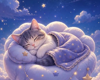 Pacchetto di sfondi animati "Gatto letto tra nuvole stellate", video MP4 e sfondo per telefono JPG, schermata di blocco sognante e rilassante