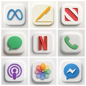 Puede incluir: Nueve iconos cuadrados blancos con símbolos de aplicaciones renderizados en 3D. Los iconos incluyen un símbolo de infinito azul, un bolígrafo amarillo, un símbolo de prohibido rojo y blanco, una burbuja de diálogo verde, una "N" roja, un auricular telefónico verde, un símbolo de podcast púrpura, una flor colorida y una burbuja de chat azul con un rayo blanco.