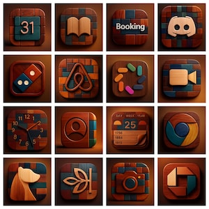 May include: Sixteen wooden square icons with various designs. The icons include a calendar showing the number 31, a book, the word "Booking", a Discord logo, dominoes, an Airbnb logo, and a clock. Each icon is made of different wood pieces.