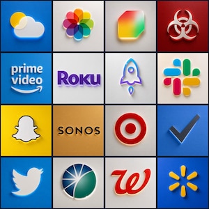 May include: A 4x4 grid of logos on a white background. Logos include Prime Video, Roku, Snapchat, Sonos, Target, Twitter, and Walmart. The logos are in various colours, including blue, yellow, red, and green. Each logo is in a square.