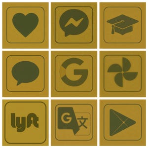 May include: Nine square icons with a textured, gold background. The icons feature social media and app symbols, including a heart, a speech bubble, a graduation cap, the Google logo, and the Lyft logo.