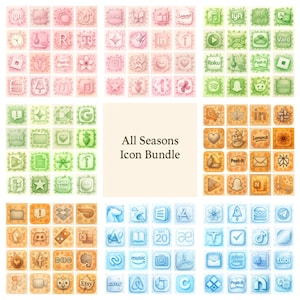 Pode incluir: Um conjunto de ícones de aplicativos em estilo aquarela em várias cores, incluindo rosa, verde, laranja e azul. Os ícones são dispostos em uma grade e apresentam bordas florais. O texto "All Seasons Icon Bundle" está no centro.