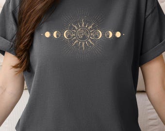 Celestial Comfort Colors® T-Shirt: Boho Moon & Sun Graphic Tee