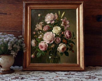 Vintage bloemenmuurkunst | Bloemenprint | Kamerdecoratie | Antieke olieverfschilderijstijl | Botanische boerderijposter