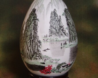 Egg Shell Art Botanical Painting on Egg Shells Chinese Hand Painted Egg Shells Encased in Wood and Glass Atop Silk Fabric