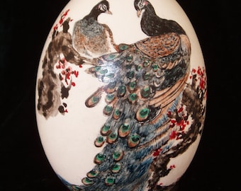 A Pair Of The Peacock with Red Cheery Blossoms, Hand Painted on Goose Egg Shell/ Love