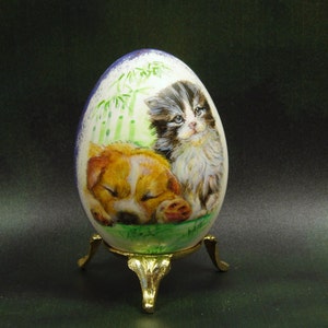 Hand Painted Goose Egg: Puppy & Kitten Art, Lucky Bamboo