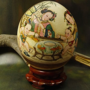 Hand Painted Ostrich Egg: Women and Children, Goldfish Art