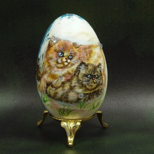 Hand Painted Cats Goose Egg: Original Acrylic Painting, Rhinestone Detail