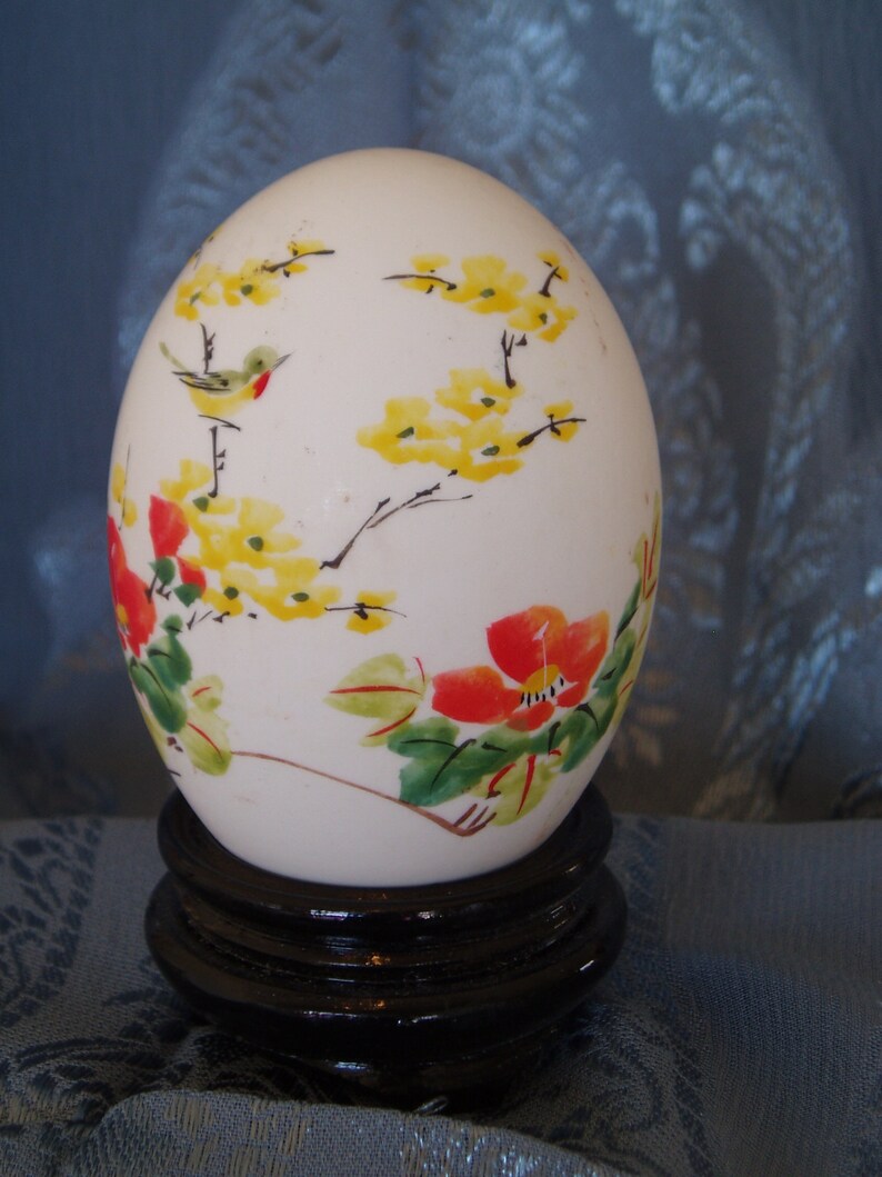 Hand Painted Duck Egg/ Vintage Egg Art/ Hand Painted Flower and Birds