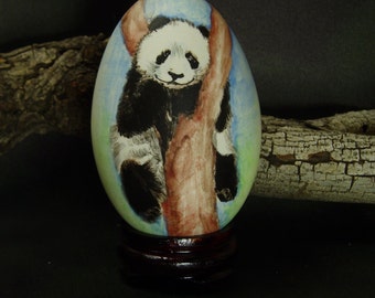 Panda Bear Stuck on Tree/ Hand Painted Goose Egg Shell/ Egg Art