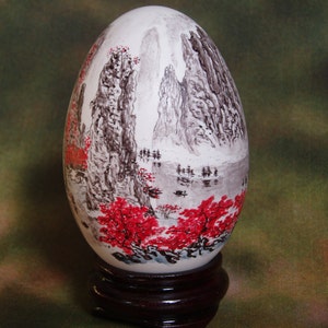 Hand-Painted Landscape Goose Egg: Mountain Lake Art