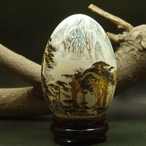 Hand Painted Goose Egg Shell Art: Mountain Pine Tree Scene