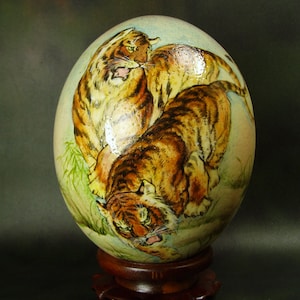 Hand Painted Tiger Ostrich Egg Art: Unique Wildlife Decor