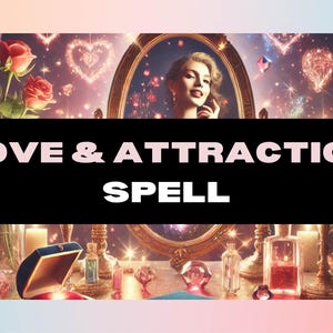 May include: An image with the text "LOVE & ATTRACTION SPELL" in white letters on a black background. The image features a woman in a gold-framed mirror, surrounded by roses, candles, and perfume bottles, with sparkling heart shapes.