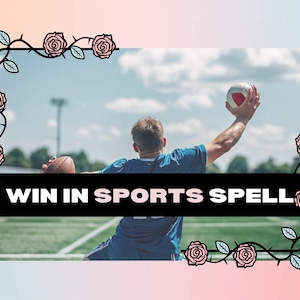 Puede incluir: Una persona lanza una pelota blanca y roja en un campo verde con un cielo azul de fondo. La imagen está enmarcada con una vid negra con rosas rosas. El texto "WIN IN SPORTS SPELL" está en letras negras sobre fondo negro.