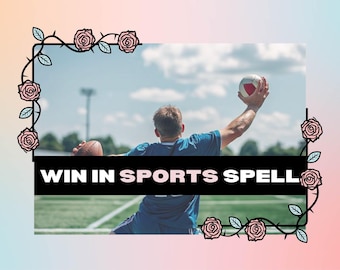 Könnte beinhalten: Eine Person wirft einen weißen und roten Ball auf einem grünen Feld mit blauem Himmel im Hintergrund. Das Bild ist mit einem schwarzen Ranken mit rosa Rosen gerahmt. Der Text "WIN IN SPORTS SPELL" ist in schwarzen Buchstaben auf schwarzem Hintergrund.
