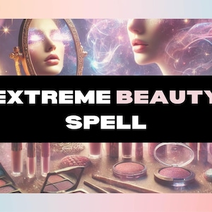 K&ouml;nnte beinhalten: Nahaufnahme eines Schminktisches mit Make-up-Produkten, darunter Lidschattenpaletten, Lipgloss und Rouge-Kompaktpuder. Das Bild zeigt einen Spiegel mit dem Spiegelbild einer Frau, und der Text "EXTREME BEAUTY SPELL" ist auf schwarzem Hintergrund dargestellt.