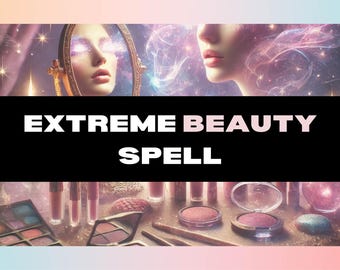 May include: A close-up of a vanity table with makeup products, including eyeshadow palettes, lip glosses, and blush compacts. The image features a mirror with a woman's reflection, and the text "EXTREME BEAUTY SPELL" is displayed on a black background.