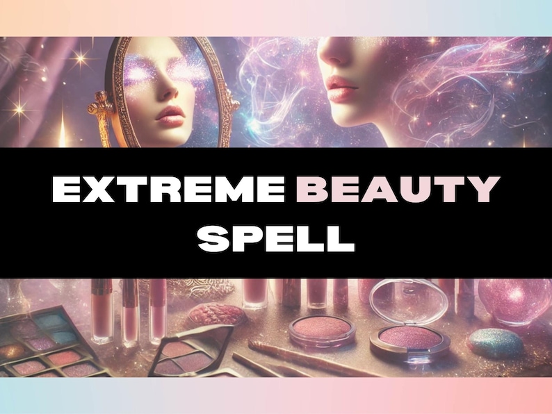 K&ouml;nnte beinhalten: Nahaufnahme eines Schminktisches mit Make-up-Produkten, darunter Lidschattenpaletten, Lipgloss und Rouge-Kompaktpuder. Das Bild zeigt einen Spiegel mit dem Spiegelbild einer Frau, und der Text "EXTREME BEAUTY SPELL" ist auf schwarzem Hintergrund dargestellt.