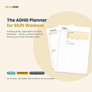 以下が含まれることがあります： The ADHD Planner for Shift Workersと題されたシフト勤務者向けデジタルプランナー。レイアウトにはToday、Top 3 Today、Sort it out、時間割が含まれます。テキストにはUndated、Printable PDF、Instant download、A4、US Letter、A5 includedと記載されています。
