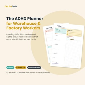 May include: A digital planner for warehouse and factory workers titled The ADHD Planner for Warehouse & Factory Workers. It features sections for rotating shifts, 12-hour days, and daily tasks. Includes printable PDF formats in A4, US Letter, and A5 sizes.