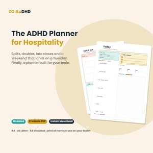 Planificador para personas con TDAH en el sector de la hostelería, bares y restaurantes / Imprimible para turnos, jornadas divididas y jornadas dobles / Registro de propinas, sueño y medicación / PDF sin fecha