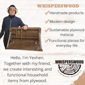 May include: A wooden desk with multiple compartments and a hinged top. The desk is made of plywood and has a natural wood finish. The image also includes the text "WHISPERSWOOD" and "Handmade products, Modern design, Sustainable plywood material, Functional pieces for everyday life."