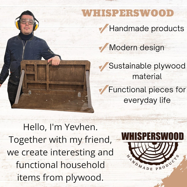 May include: A wooden desk with multiple compartments and a hinged top. The desk is made of plywood and has a natural wood finish. The image also includes the text "WHISPERSWOOD" and "Handmade products, Modern design, Sustainable plywood material, Functional pieces for everyday life."